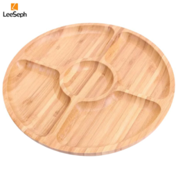 Leeseph Bamboo Round 5 Compartment Serving Tray, Ideal for Snacks,