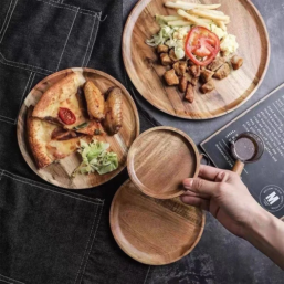1PC Natural Wooden Tray Round Simple Serving Tray Retro Wood Plates