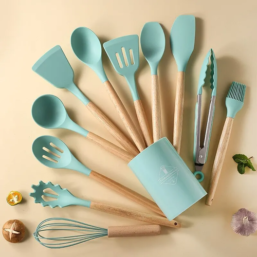 12Pcs/Set Wooden Handle Silicone Kitchen Utensils With Storage Bucket